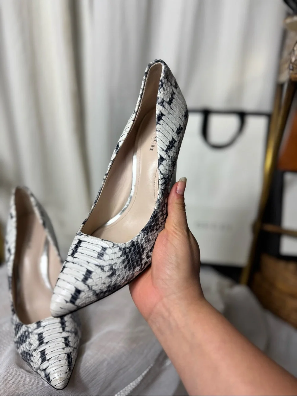 Coach Black and White Snakeskin Pointed Wedge Pumps